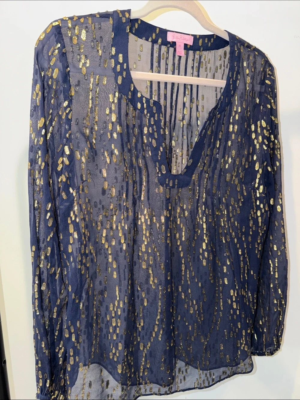Lilly Pulitzer True Navy Gold Bubble Clip Dot Jacquard Blouse Top